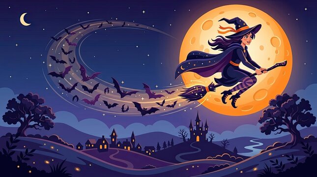 A magical witch flying night scene featuring a silhouette soaring across a giant full moon with bats and castle
