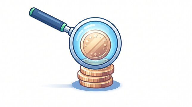 Magnifying glass focusing on gold coin stack vector illustration