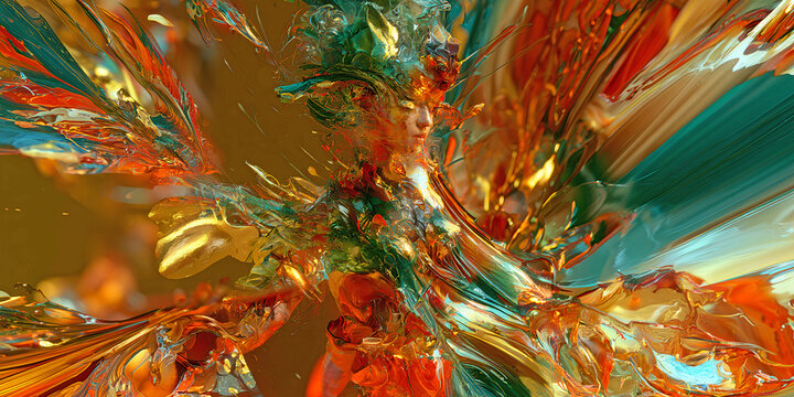 The Being That Burns In Fiery Splendor As Pale Eyes Rise Through Cascades Of Flame‑Like Adornments, ai generated.