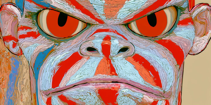 The Face That Stares In Abstract Tension As Bold Stripes And Weathered Color Shape A Stern Painted Icon, ai generated.
