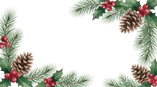 Christmas corner border frame made of watercolor pine branches, pine cones, and red holly berries, isolated on a white background, for holiday cards isolated on a transparent background