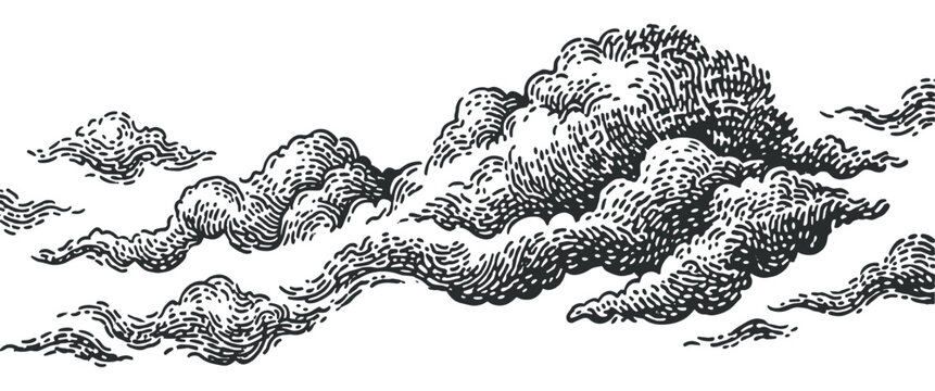 vintage fluffy clouds in traditional 19th century woodcut engraving style sketch