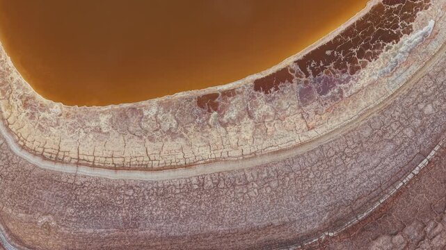 Aerial view of mineral-rich salt formations with intricate cracked patterns and layered textures in Beersheba, South District, Israel.