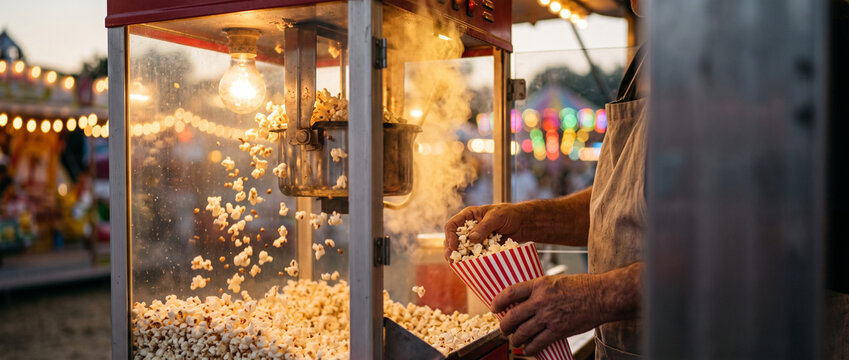 Vendor filling box with fresh popcorn from popping machine at amusement park. Carnival street food with steam and warm lights. Summer fair festival entertainment and snack concept