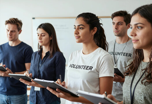 Volunteer group training and community service, diverse young adults learning and taking notes for charity work