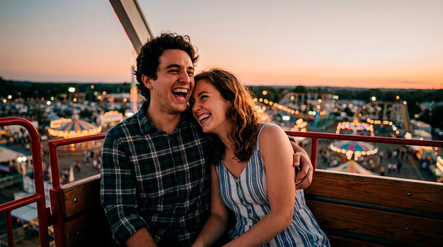 Happy young couple laughing and hugging on ferris wheel cabin above amusement park at sunset. Romantic date, love and summer carnival fun concept. Leisure and vacation entertainment