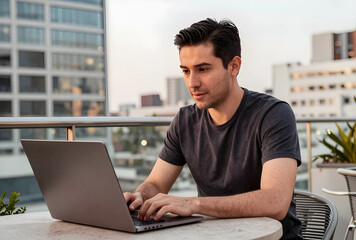 Fototapeta premium Remote work and digital nomad lifestyle, young man working on laptop outdoors on a city rooftop terrace