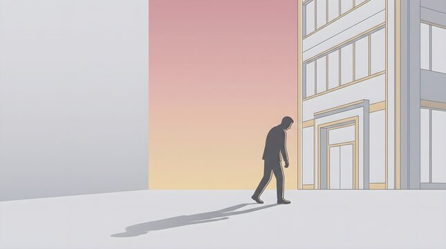 Reluctant sad businessman walking to work, return to office and monday morning blues concept, flat vector illustration with large copy space.