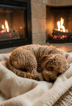 Cozy comfort and relaxation, cute goldendoodle puppy sleeping on a soft blanket by a warm fireplace at home