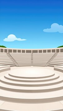 Cartoonish, empty outdoor amphitheater with blue sky and clouds