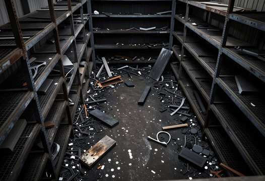 Industrial decline and economic recession, abandoned factory interior with empty shelves and scattered debris on the floor
