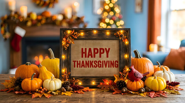 Beautiful festive thanksgiving display featuring pumpkins glowing candles and a warmly illuminated christmas tree in the background