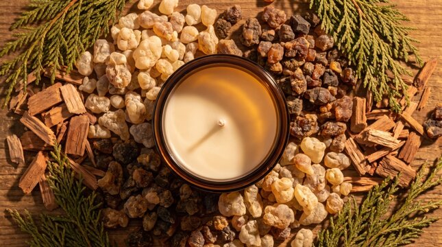 An unlit aromatic candle sits amidst natural frankincense resin, dark myrrh, and cedarwood sprigs. This composition evokes a sense of calm, wellness, and sustainable home fragrance.