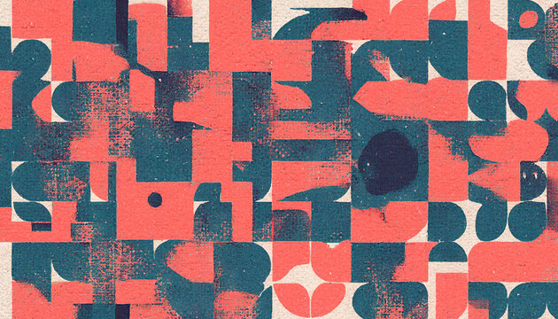 Risograph overprint geometric shapes coral and teal texture