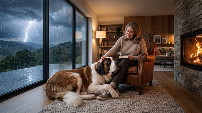 A woman pets her loyal Saint Bernard dog inside a cozy modern home. A dramatic lightning storm rages outside, emphasizing home comfort and companionship.