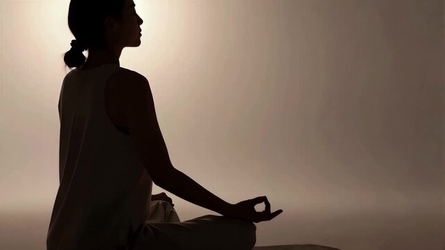 Silhouette profile of a person meditating in a zazen pose against a warm golden hour sunset light, 4K, Seamless loop, Copy space on the right