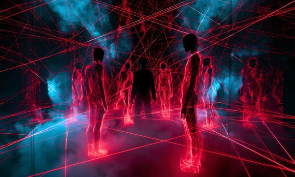 People silhouettes stand in futuristic virtual reality cyber space network