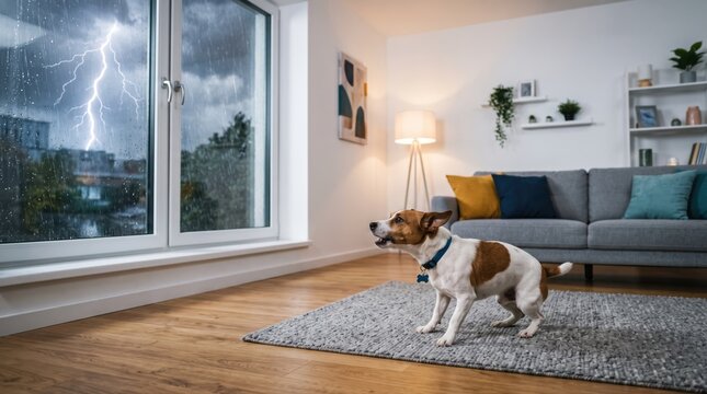 A small dog reacts nervously to a severe thunderstorm with lightning through a modern window. This highlights pet anxiety during extreme weather, crucial for animal welfare.