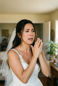 Emotional bride crying on her wedding day, pre-wedding stress and anxiety, overwhelmed woman in white dress