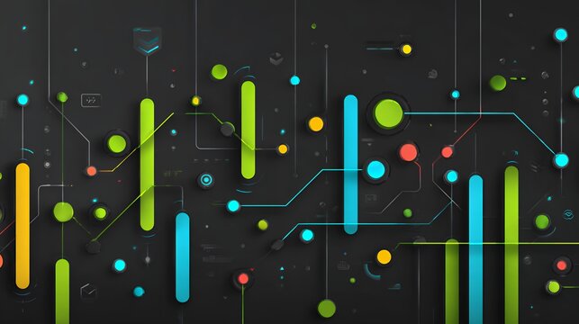High tech data network background with glowing neon vertical bars, circuits, and connecting dots on dark abstract surface.