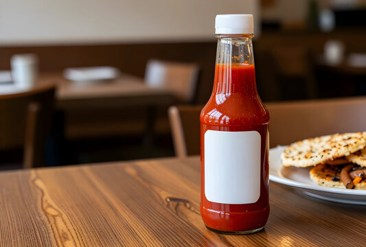 Food and beverage branding, blank label on a red sauce bottle on a wooden table in a restaurant setting