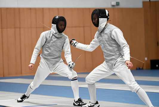 Fencing competition and sports training, two fencers in protective gear with foils engaged in a match indoors