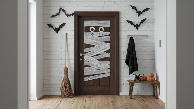 Halloween Interior Decoration with Mummy Door, Bat Wall Decals, Pumpkins and Broomstick in Modern Hallway