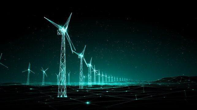 Row of glowing wireframe wind turbines on digital mesh terrain against starry sky, sustainable renewable power generation concept