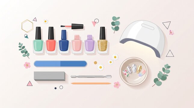 Manicure Nail Care Beauty Service Flat Design Illustration with Polish Bottles, Nail File, Cuticle Tools and Decorative Accessories
