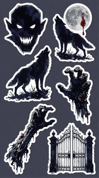 Stickers featuring gothic horror elements including wolves and zombie hands for spooky design projects