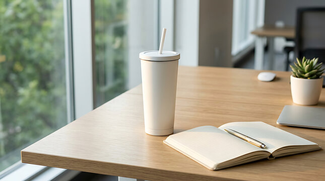 Desk surface with beverage container notebook and plant in office setting