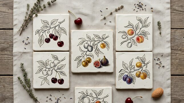 Whimsical Freehand Linear Sketches Arranging Miniature Oil Fruits For Regional Epicurean Labeling. Minimalist botanical tile composition displaying rustic orchard branches and drupe elements ideal