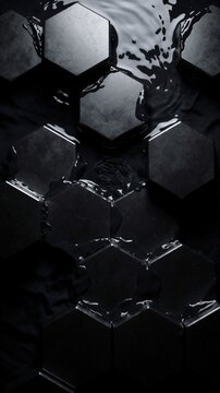 Black hexagonal tiles with liquid flowing over dark textured surfaces industrial design background