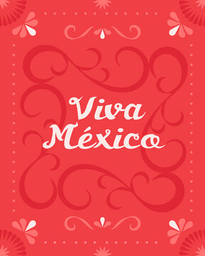 "Viva M&eacute;xico" en letras blancas sobre fondo rojo con ornamentos florales decorativos de inspiraci&oacute;n mexicana, celebraci&oacute;n de la cultura, identidad y orgullo nacional de M&eacute;xico.