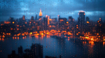 Fototapeta premium A rainy night view of a city skyline through a window covered in raindrops.