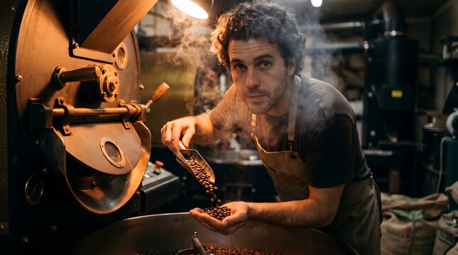 Male roaster checking roasted coffee beans at roastery