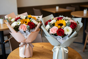 Naklejka premium Flower delivery and special occasion gifts, two vibrant bouquets with roses and sunflowers on a wooden table