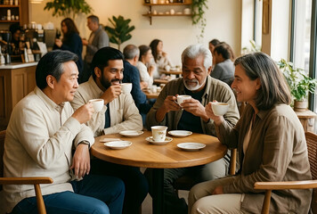 Fototapeta premium Diverse group of friends enjoying coffee and conversation in a cafe, social connection and community gathering
