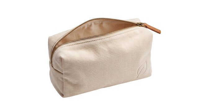 Minimalist canvas cosmetic bag with zipper, beige cotton toiletry pouch for travel, eco-friendly fabric makeup organizer with leaf logo isolated PNG with Transparent Background