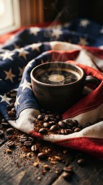  Steaming coffee cup nestled in American flag fabric with roasted beans on dark wood