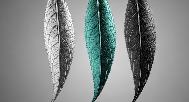 Minimalist trio of willow leaves dangling gracefully with liquid silver, metallic teal, and dark zinc hues, showcasing intricate vein lines, cool, minimalist, nature