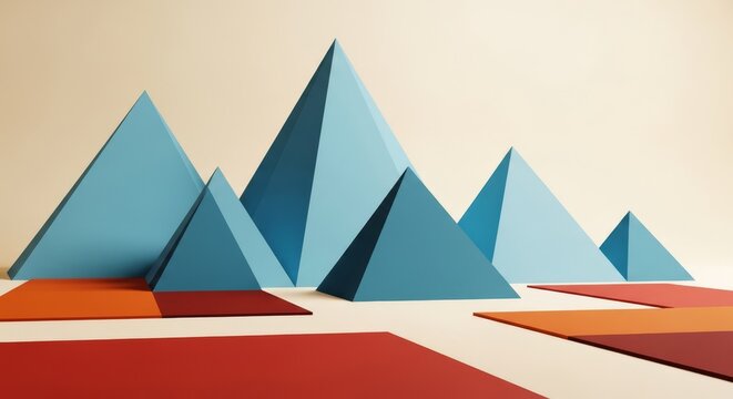 Modern geometric landscape with triangular mountains and rectangular fields in sky blue and rusty red tones on a pale cream background, minimalist, artistic, nature