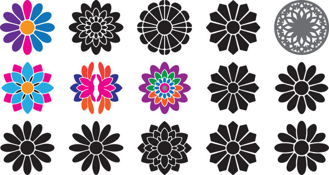 Set of colorful and black flower icons in different shapes and decorative styles
