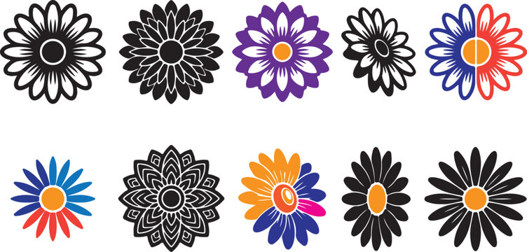 Set of ten colorful and black flower icons for floral design and decoration