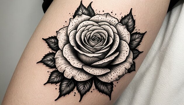 Black and White Rose Tattoo with Detailed Petals and Leaves on Arm