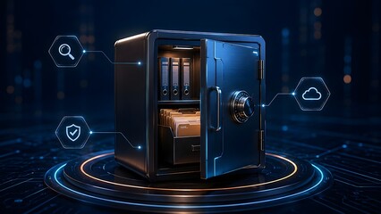Naklejka premium Open Metallic Safe with Document Folders and Glowing Holographic Security Icons for Secure Data Storage Concept