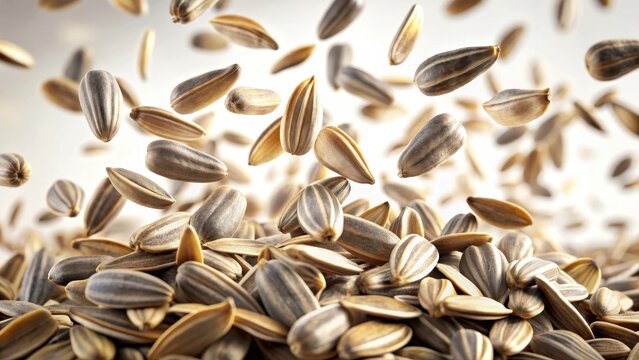 Sunflower seed kernels fly on a white background isolated