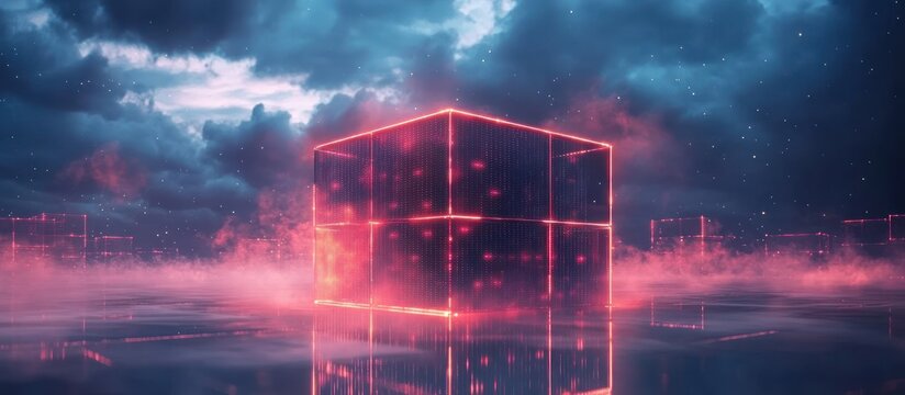 A glowing, futuristic cube structure bathed in vibrant neon light.