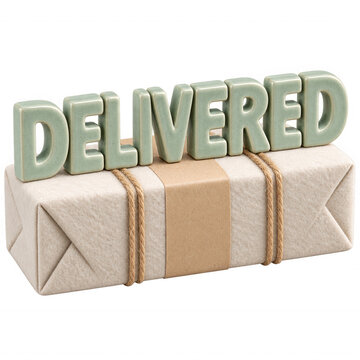 Decorative package with the word "DELIVERED" in green ceramic letters placed on a wrapped parcel with twine and kraft paper, suitable for gift or delivery themes