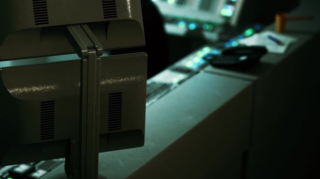 Monitors are set up in a control room during late evening hours. Various buttons and lights are visible on the control panels. The environment is dimly lit and focused on technology.